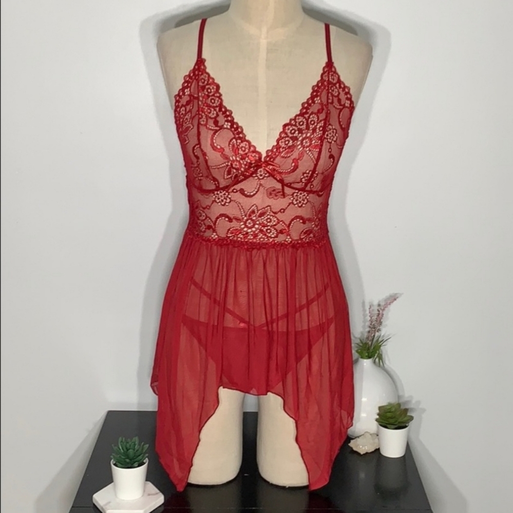 New Red Lace Chemise Lingerie Set
